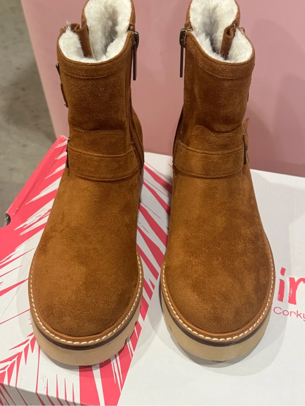 Suede Buckle Ankle Boots - Tan